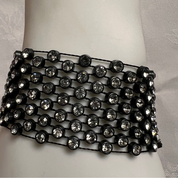 Rhinestones Rows Black mesh Choker Goth intricated lightweight Necklace 12"+2.5" - Picture 9 of 11